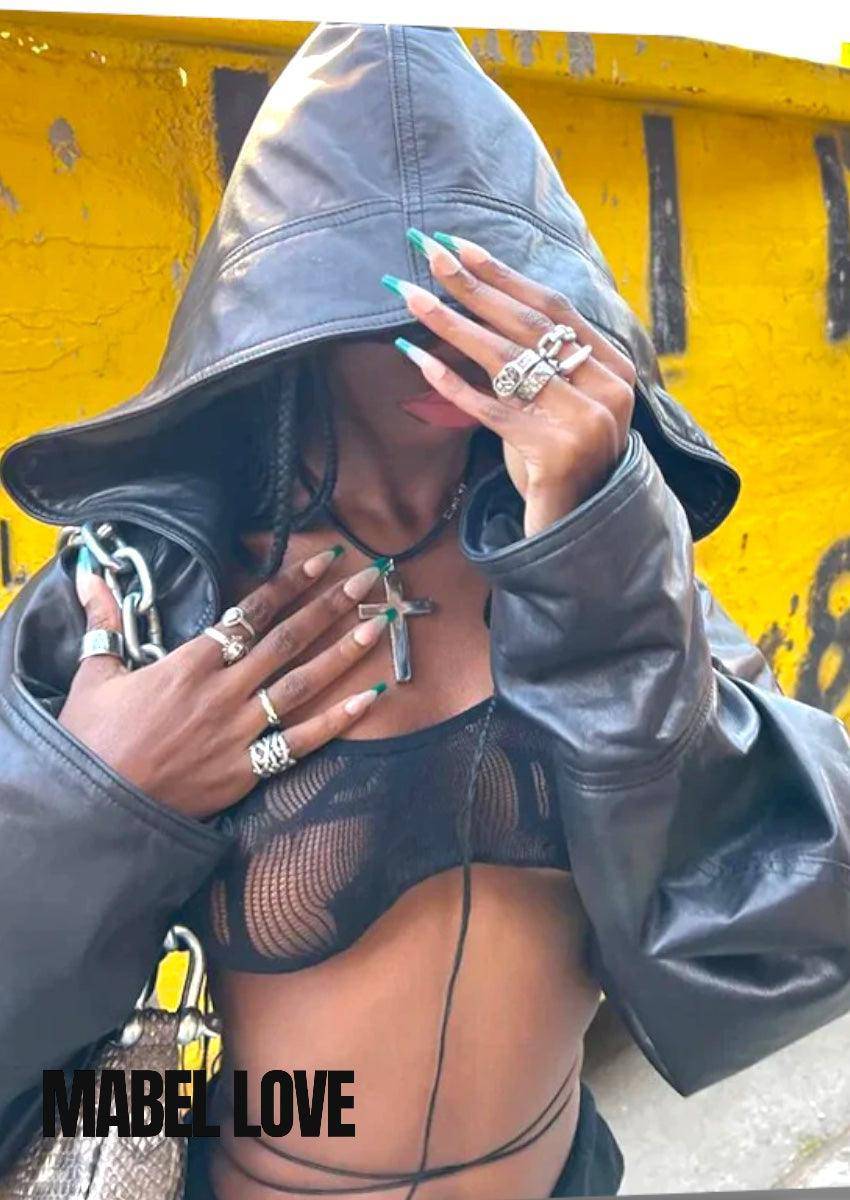 Women's Oversized Faux Leather Hoodie Jacket Y2K Streetwear Zip Up Crop Coat - Seldom Seen Styles