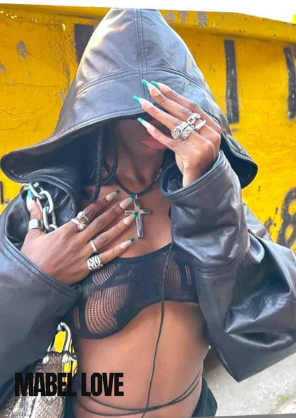 Women's Oversized Faux Leather Hoodie Jacket Y2K Streetwear Zip Up Crop Coat
