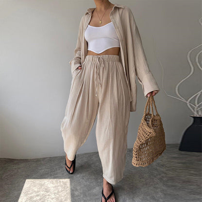 Women's Oversized Long Sleeve Shirt - Wide Leg Pants Two Piece Set