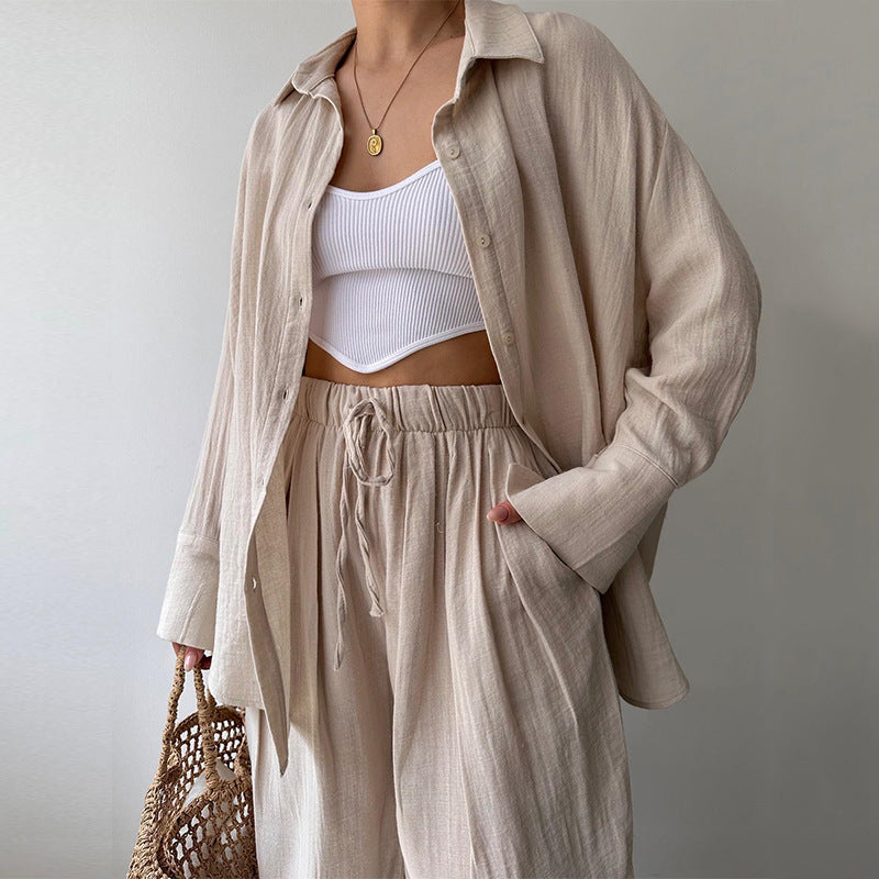 Women's Oversized Long Sleeve Shirt - Wide Leg Pants Two Piece Set