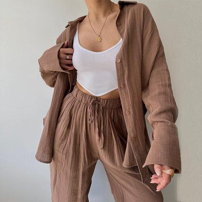 Women's Oversized Long Sleeve Shirt - Wide Leg Pants Two Piece Set