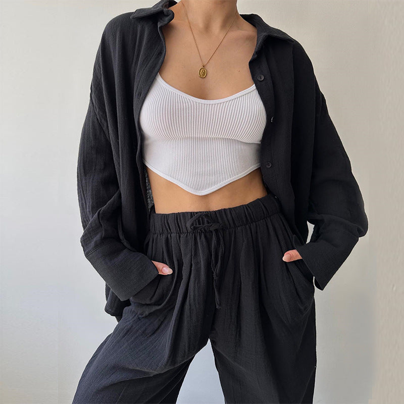 Women's Oversized Long Sleeve Shirt - Wide Leg Pants Two Piece Set