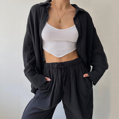Women's Oversized Long Sleeve Shirt - Wide Leg Pants Two Piece Set