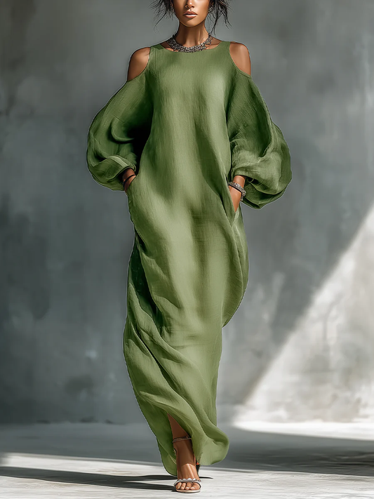 Women's Oversized Maxi Dress Cold Shoulder Puff Sleeve Loose Fit Boho Dress - Seldom Seen Styles