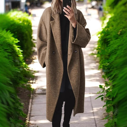 Women's Oversized Wool Blend Long Coat Double Breasted Lapel Winter Maxi Coat Casual Longline Overcoat
