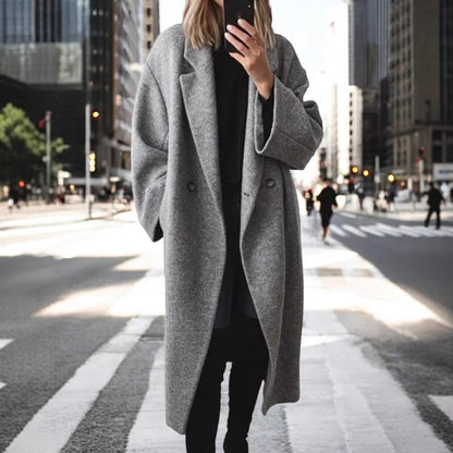 Women's Oversized Wool Blend Long Coat Double Breasted Lapel Winter Maxi Coat Casual Longline Overcoat