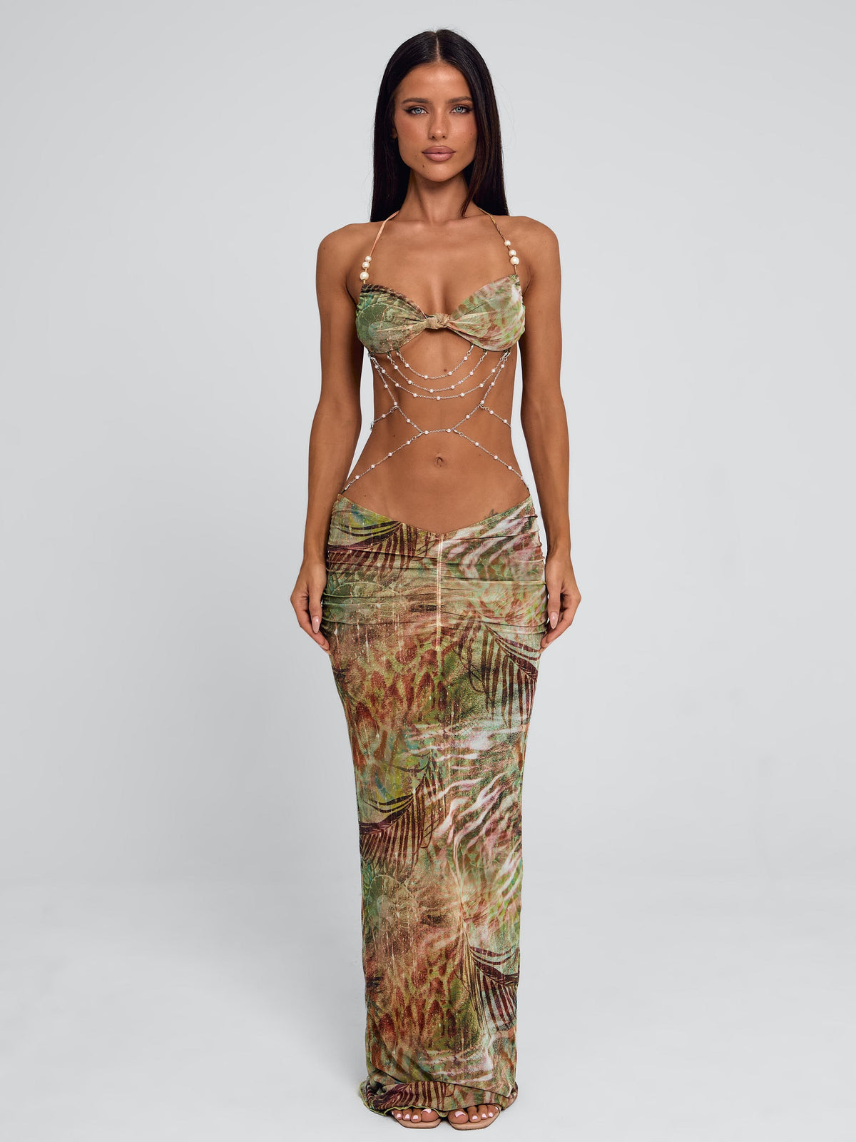 Women's Pearl Embellished Halter Neck Mesh Maxi Dress Ruched Body Con Low Rise Skirt Birthday Party Evening Vacation Dress Sage Green - Seldom Seen Styles