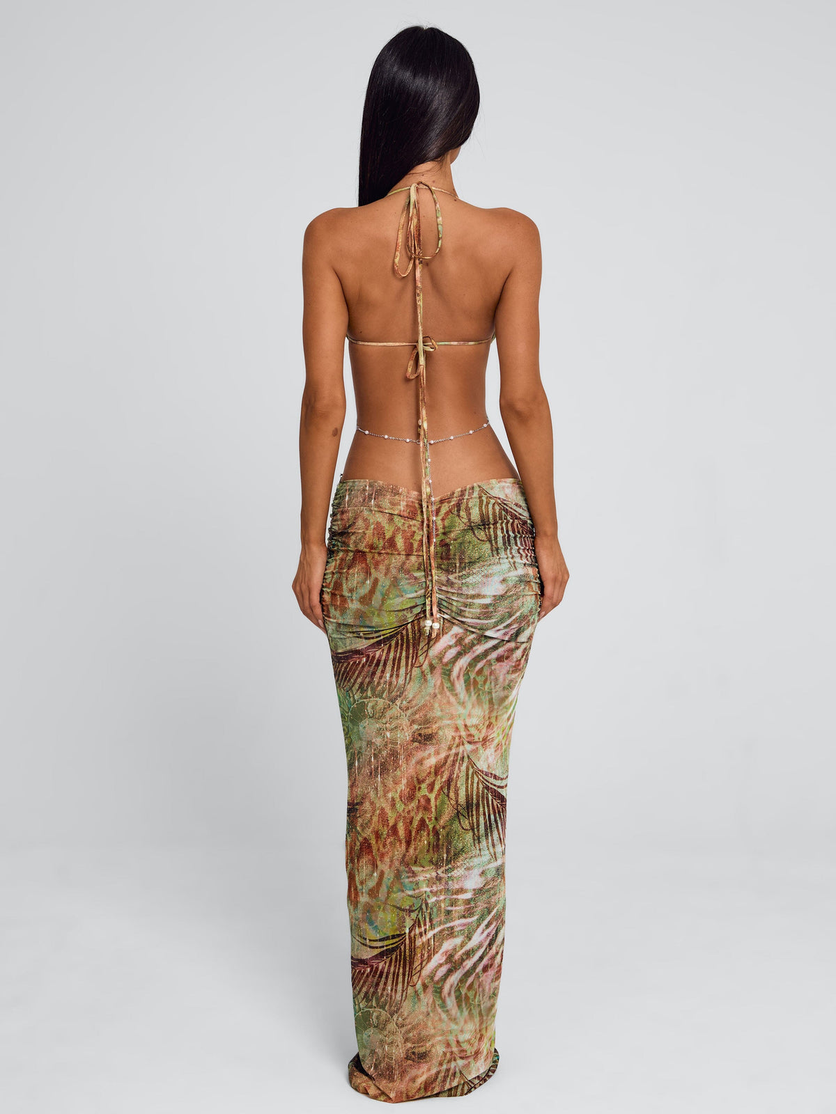 Women's Pearl Embellished Halter Neck Mesh Maxi Dress Ruched Body Con Low Rise Skirt Birthday Party Evening Vacation Dress Sage Green - Seldom Seen Styles
