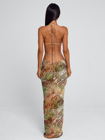 Women's Pearl Embellished Halter Neck Mesh Maxi Dress Ruched Body Con Low Rise Skirt Birthday Party Evening Vacation Dress Sage Green