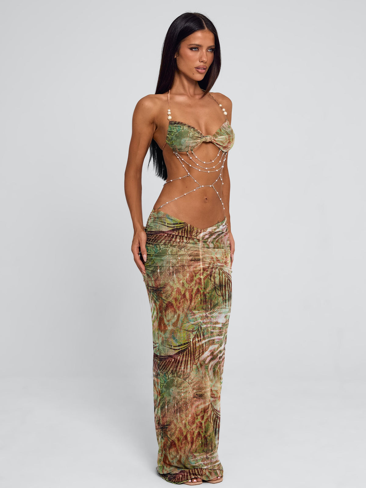 Women's Pearl Embellished Halter Neck Mesh Maxi Dress Ruched Body Con Low Rise Skirt Birthday Party Evening Vacation Dress Sage Green - Seldom Seen Styles
