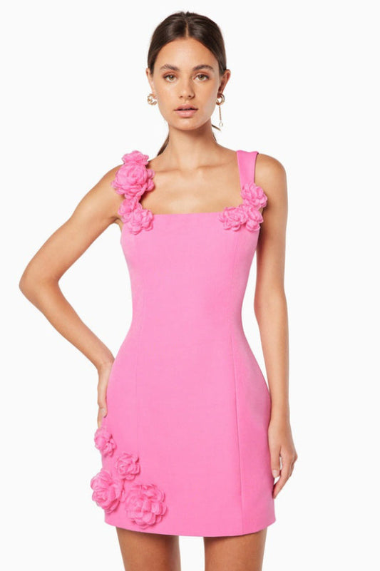 Women's Pink Floral Applique Mini Dress Elegant Sleeveless Party Dress - Seldom Seen Styles