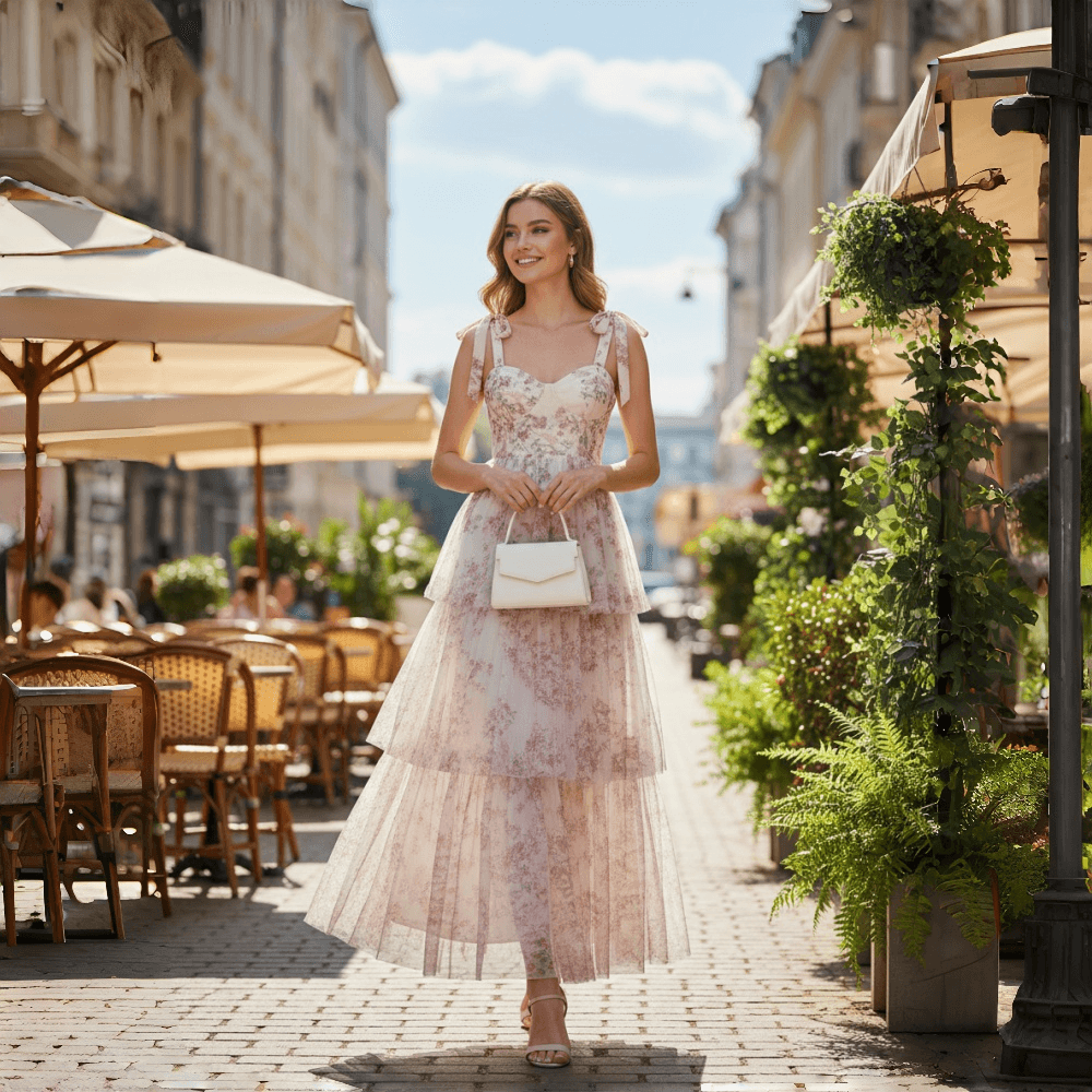 Women's Pink Floral Tiered Chiffon Maxi Dress Adjustable Tie Straps Ruffle Boho Long Dress for Wedding Guest Garden Party Summer - Seldom Seen Styles