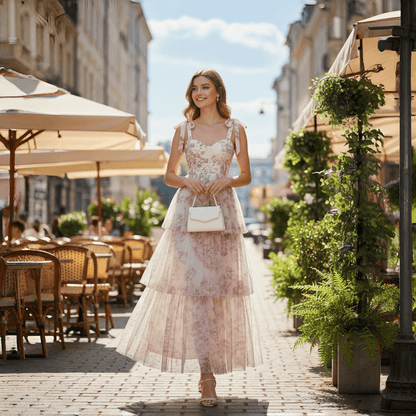 Women's Pink Floral Tiered Chiffon Maxi Dress Adjustable Tie Straps Ruffle Boho Long Dress for Wedding Guest Garden Party Summer