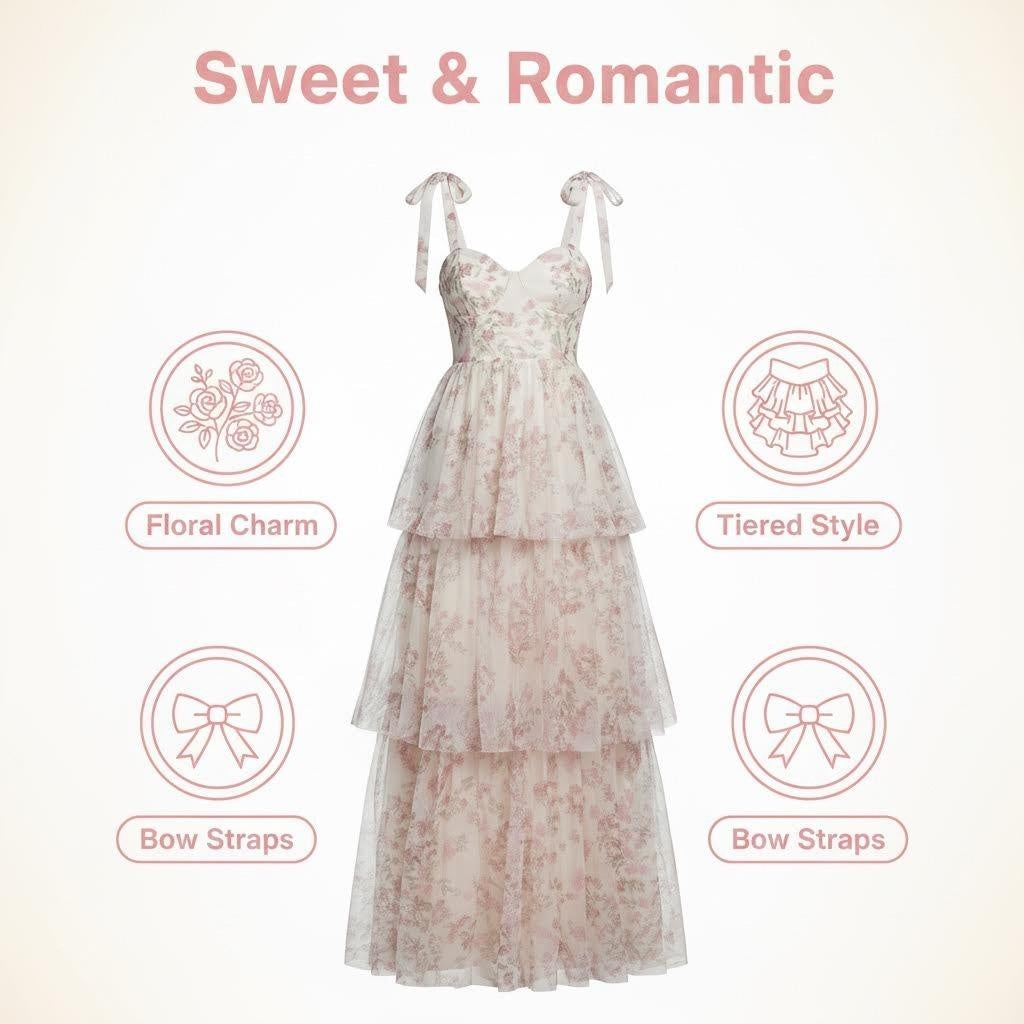 Women's Pink Floral Tiered Chiffon Maxi Dress Adjustable Tie Straps Ruffle Boho Long Dress for Wedding Guest Garden Party Summer - Seldom Seen Styles