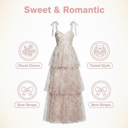 Women's Pink Floral Tiered Chiffon Maxi Dress Adjustable Tie Straps Ruffle Boho Long Dress for Wedding Guest Garden Party Summer