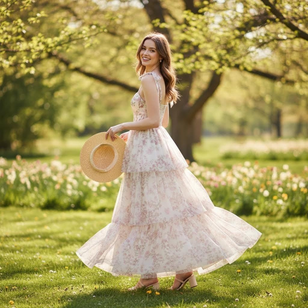 Women's Pink Floral Tiered Chiffon Maxi Dress Adjustable Tie Straps Ruffle Boho Long Dress for Wedding Guest Garden Party Summer - Seldom Seen Styles