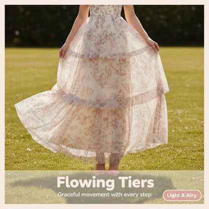 Women's Pink Floral Tiered Chiffon Maxi Dress Adjustable Tie Straps Ruffle Boho Long Dress for Wedding Guest Garden Party Summer