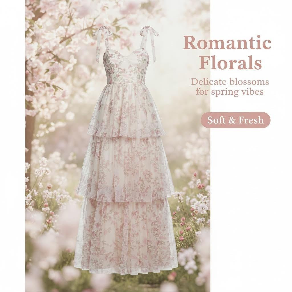 Women's Pink Floral Tiered Chiffon Maxi Dress Adjustable Tie Straps Ruffle Boho Long Dress for Wedding Guest Garden Party Summer - Seldom Seen Styles
