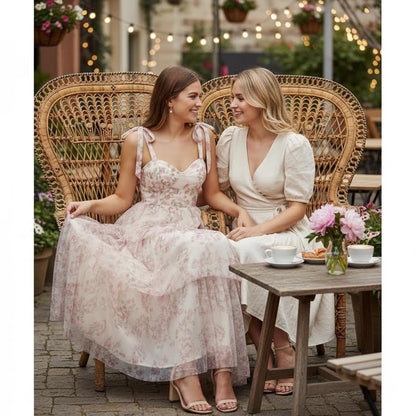 Women's Pink Floral Tiered Chiffon Maxi Dress Adjustable Tie Straps Ruffle Boho Long Dress for Wedding Guest Garden Party Summer