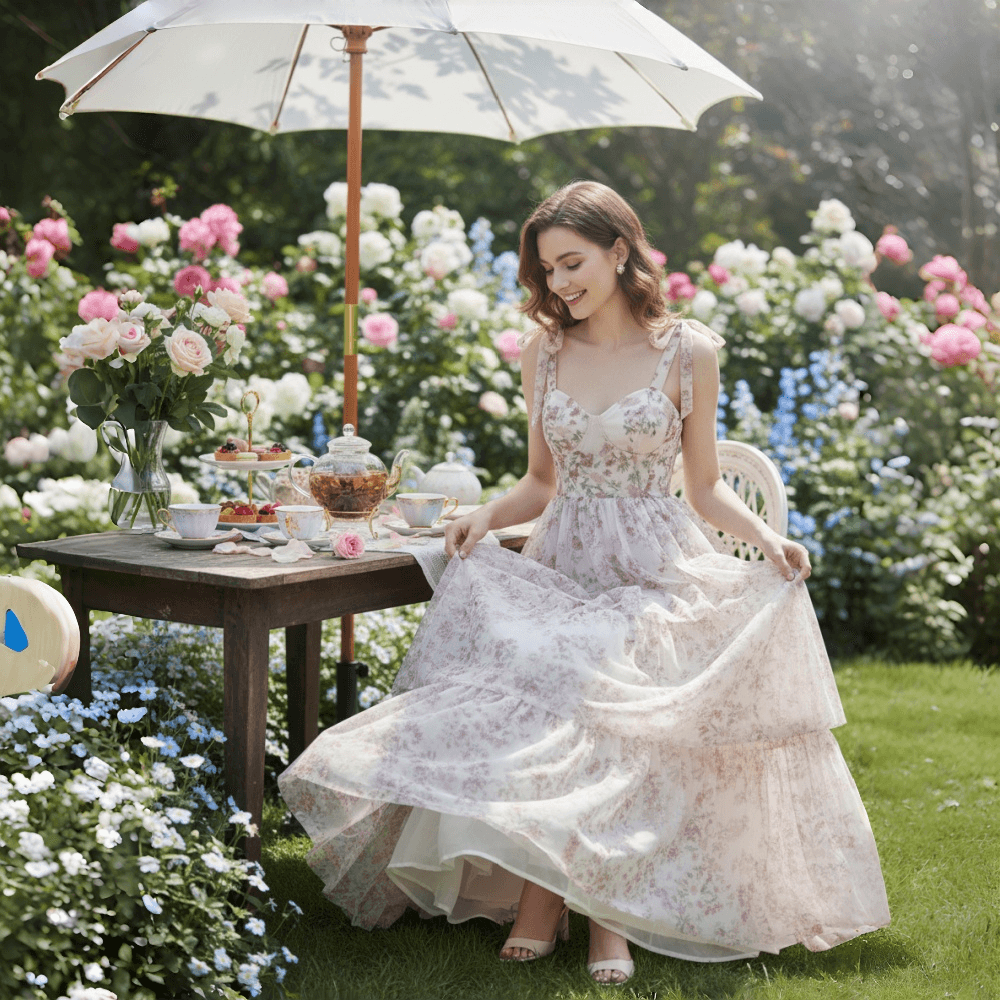 Women's Pink Floral Tiered Chiffon Maxi Dress Adjustable Tie Straps Ruffle Boho Long Dress for Wedding Guest Garden Party Summer - Seldom Seen Styles