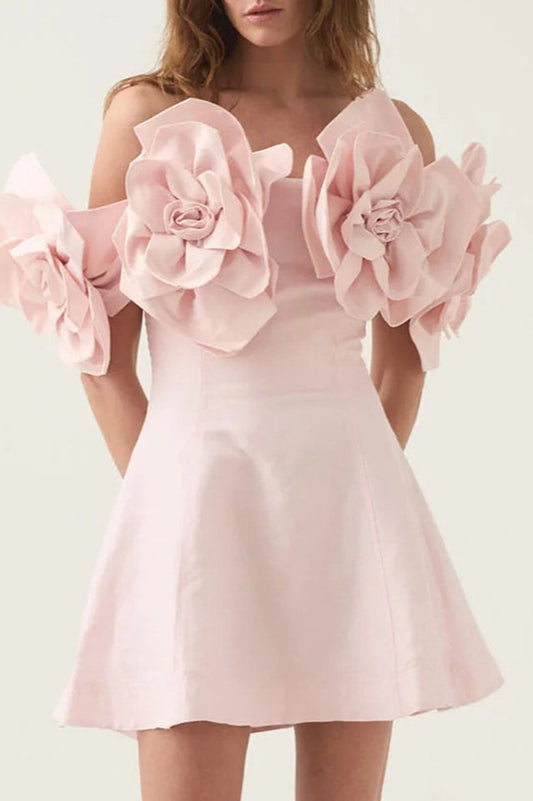 Women's Pink Flower Off Shoulder Mini Dress 3D Floral Elegant Party Cocktail Dress - Seldom Seen Styles