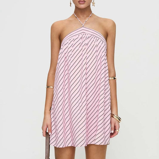Women's Pink Halter Neck Striped Mini Dress Sleeveless Backless Tie-Up Summer Beach Party Going Out Casual Dress - Seldom Seen Styles