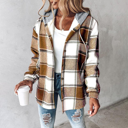 Manteau à capuche à carreaux/pied-de-poule avec boutonnage pour femme, manteau décontracté à manches longues avec poches pour l'automne et l'hiver, vêtement d'extérieur pour femme pour le quotidien, prêt-à-porter féminin