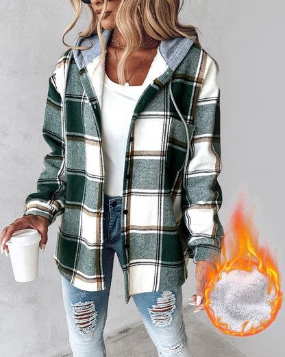 Manteau à capuche à carreaux/pied-de-poule avec boutonnage pour femme, manteau décontracté à manches longues avec poches pour l'automne et l'hiver, vêtement d'extérieur pour femme pour le quotidien, prêt-à-porter féminin
