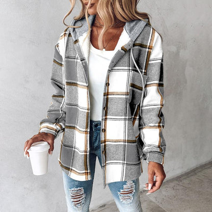 Manteau à capuche à carreaux/pied-de-poule avec boutonnage pour femme, manteau décontracté à manches longues avec poches pour l'automne et l'hiver, vêtement d'extérieur pour femme pour le quotidien, prêt-à-porter féminin