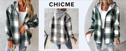 Manteau à capuche à carreaux/pied-de-poule avec boutonnage pour femme, manteau décontracté à manches longues avec poches pour l'automne et l'hiver, vêtement d'extérieur pour femme pour le quotidien, prêt-à-porter féminin