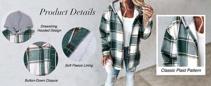 Manteau à capuche à carreaux/pied-de-poule avec boutonnage pour femme, manteau décontracté à manches longues avec poches pour l'automne et l'hiver, vêtement d'extérieur pour femme pour le quotidien, prêt-à-porter féminin