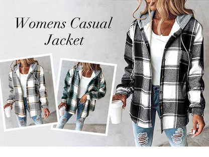 Manteau à capuche à carreaux/pied-de-poule avec boutonnage pour femme, manteau décontracté à manches longues avec poches pour l'automne et l'hiver, vêtement d'extérieur pour femme pour le quotidien, prêt-à-porter féminin