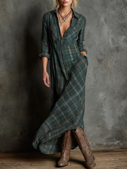 Women's Plaid Lapel Single-Breasted Shirt Maxi Dress MDA1249H1Y - Seldom Seen Styles