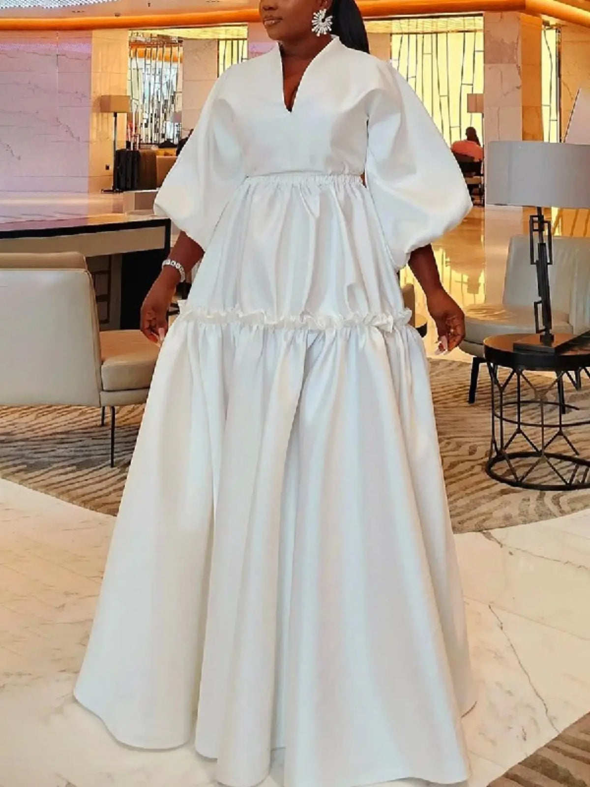 Women's Plain Frill-Trim V-Neck A-Line Dress, Elegant Bishop-Sleeve Zipper-Back Maxi Dress as Formal Wear for Parties, Holidays and Wedding Guests, Women's Clothing for All Seasons - Seldom Seen Styles