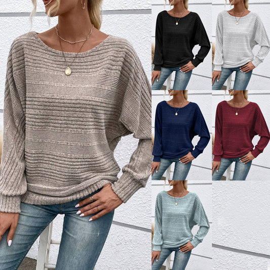 Women's Plain Round Neck Batwing Sleeve Tee, Casual Long Sleeve Crew Neck T-shirt for Fall & Winter, Fashion Aesthetic Ladies' Knit Clothing for Daily Wear - Seldom Seen Styles