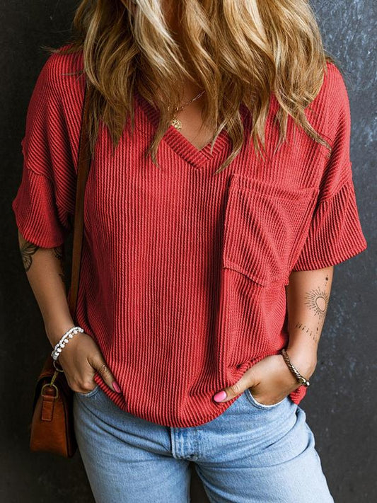 Women's Plain Textured Pocket V Neck Tee, Casual Drop Shoulder Half Sleeve T-Shirt for Summer, Ladies Clothes for Daily Wear, Casual Fashionable Top, Cute Tops, Cute Tops - Seldom Seen Styles