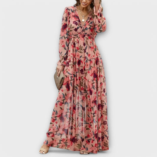 Women’s Pleated Long Sleeves V-Neck Floral Maxi Dress – Elegant Holiday Dress - Seldom Seen Styles