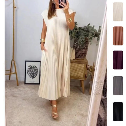 Women's Pleated Maxi Dress Sleeveless Round Neck Elegant Loose Fit Long Dress