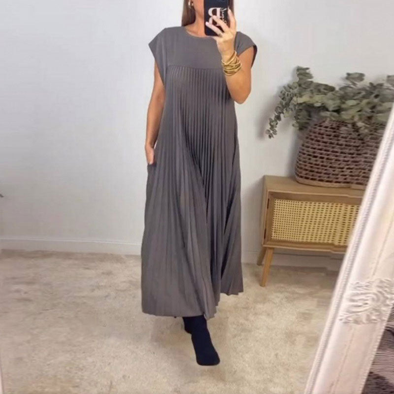 Women's Pleated Maxi Dress Sleeveless Round Neck Elegant Loose Fit Long Dress - Seldom Seen Styles