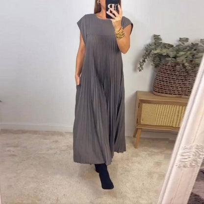 Women's Pleated Maxi Dress Sleeveless Round Neck Elegant Loose Fit Long Dress
