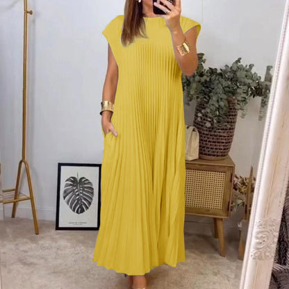 Women's Pleated Maxi Dress Sleeveless Round Neck Elegant Loose Fit Long Dress