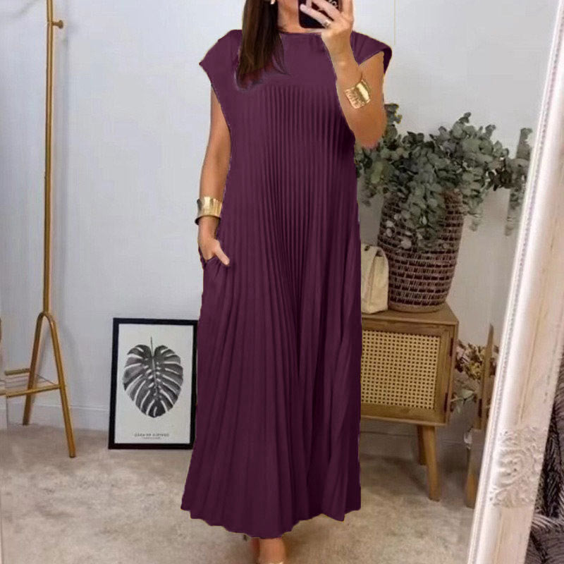 Women's Pleated Maxi Dress Sleeveless Round Neck Elegant Loose Fit Long Dress - Seldom Seen Styles