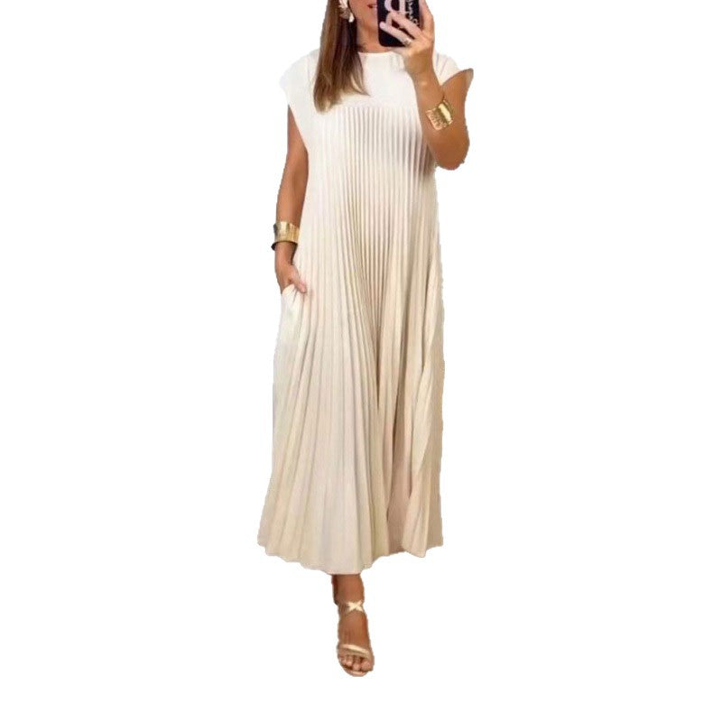 Women's Pleated Maxi Dress Sleeveless Round Neck Elegant Loose Fit Long Dress - Seldom Seen Styles