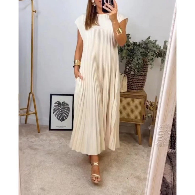Women's Pleated Maxi Dress Sleeveless Round Neck Elegant Loose Fit Long Dress - Seldom Seen Styles