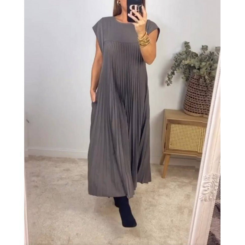 Women's Pleated Maxi Dress Sleeveless Round Neck Elegant Loose Fit Long Dress - Seldom Seen Styles