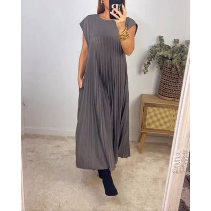 Women's Pleated Maxi Dress Sleeveless Round Neck Elegant Loose Fit Long Dress