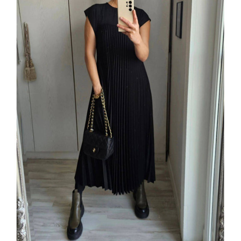 Women's Pleated Maxi Dress Sleeveless Round Neck Elegant Loose Fit Long Dress - Seldom Seen Styles