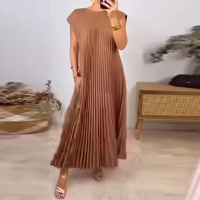Women's Pleated Maxi Dress Sleeveless Round Neck Elegant Loose Fit Long Dress - Seldom Seen Styles
