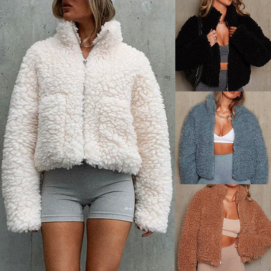 Women's Plush Lamb Wool Cardigan Short Jacket Fluffy Coat Casual Winter Outerwear - Seldom Seen Styles