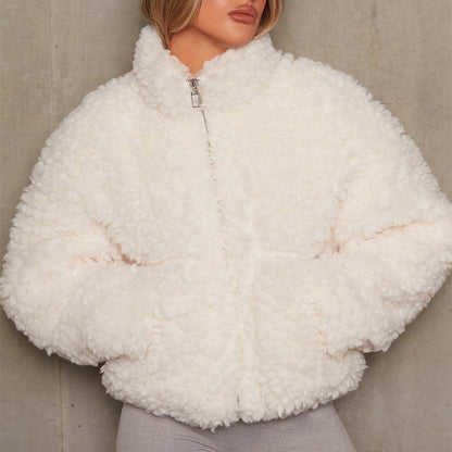 Women's Plush Lamb Wool Cardigan Short Jacket Fluffy Coat Casual Winter Outerwear